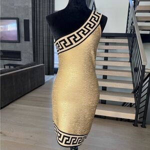 Stylish One-Shoulder Gold Dress with Black Accents